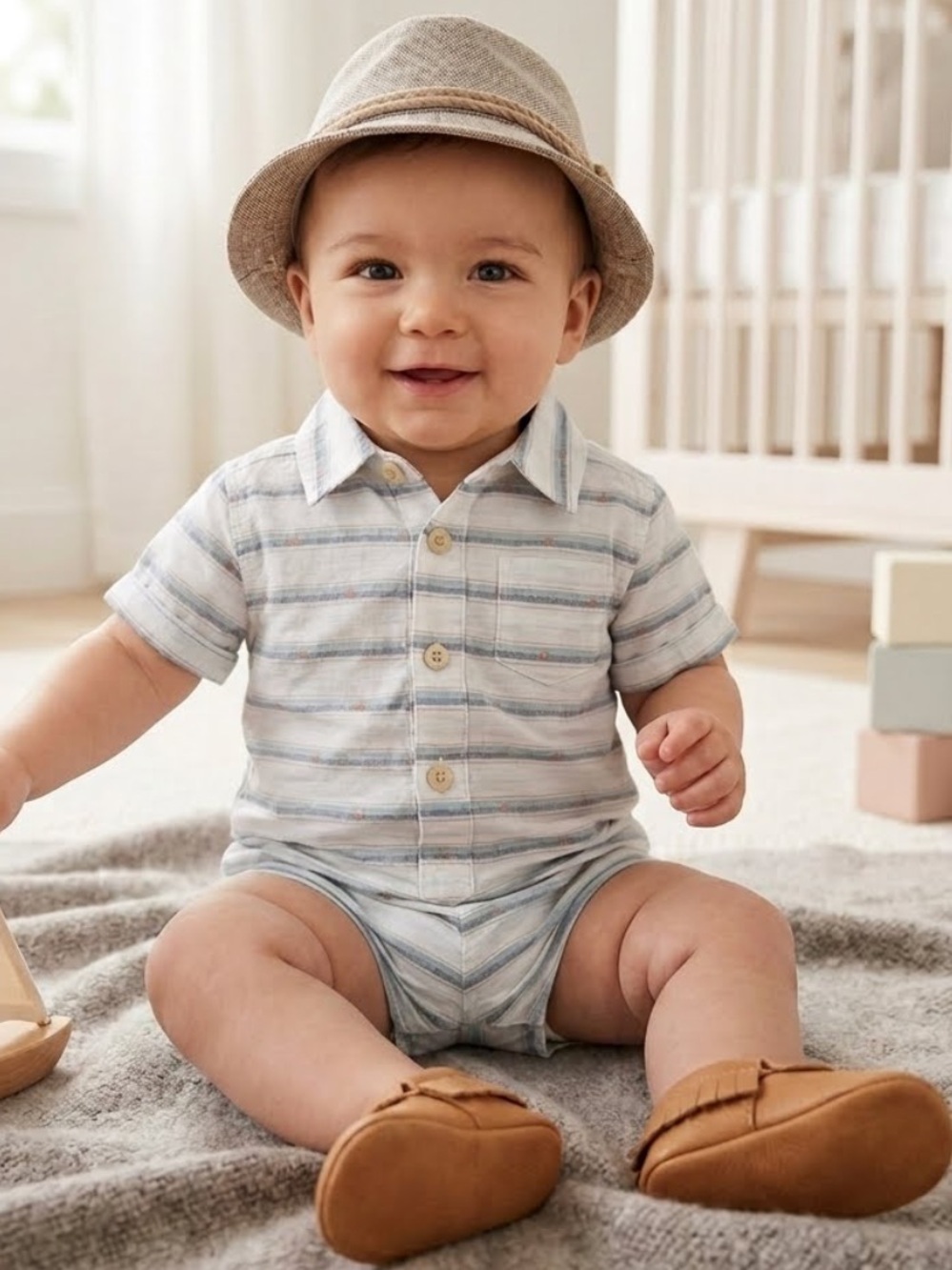 Old Navy Striped Button-Up Baby Romper Size 6-12 months Cotton Nautical Preppy